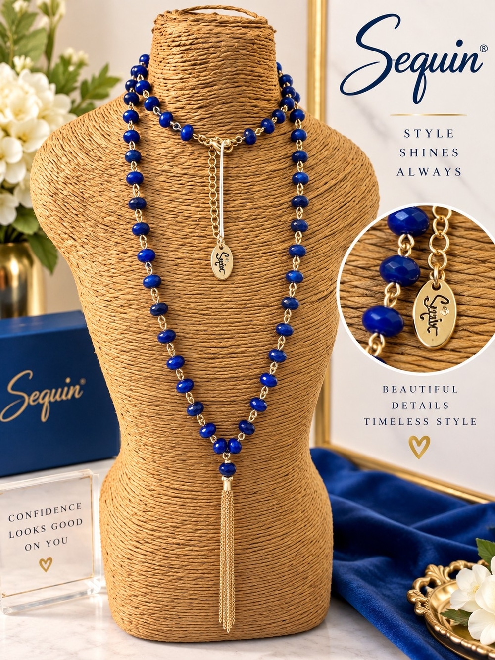 ® Blue Beaded Gold Tassel Necklace